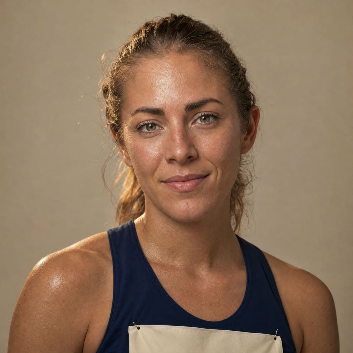 A fitness race athlete with her race bib, calm after the finish