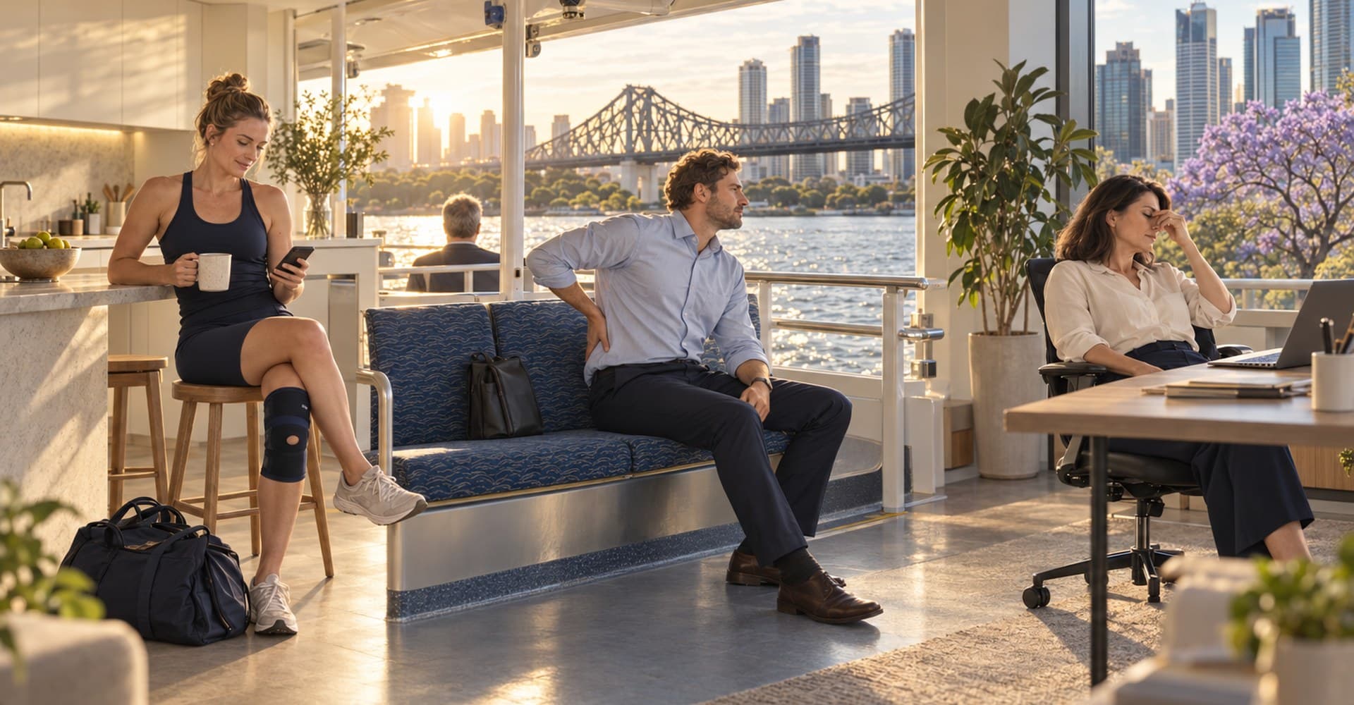 One day in Brisbane: a woman with a knee brace checking her phone in the kitchen, a man holding his lower back on a CityCat ferry by the Story Bridge, and a woman rubbing her eyes at her desk mid-afternoon with the city and a jacaranda behind her