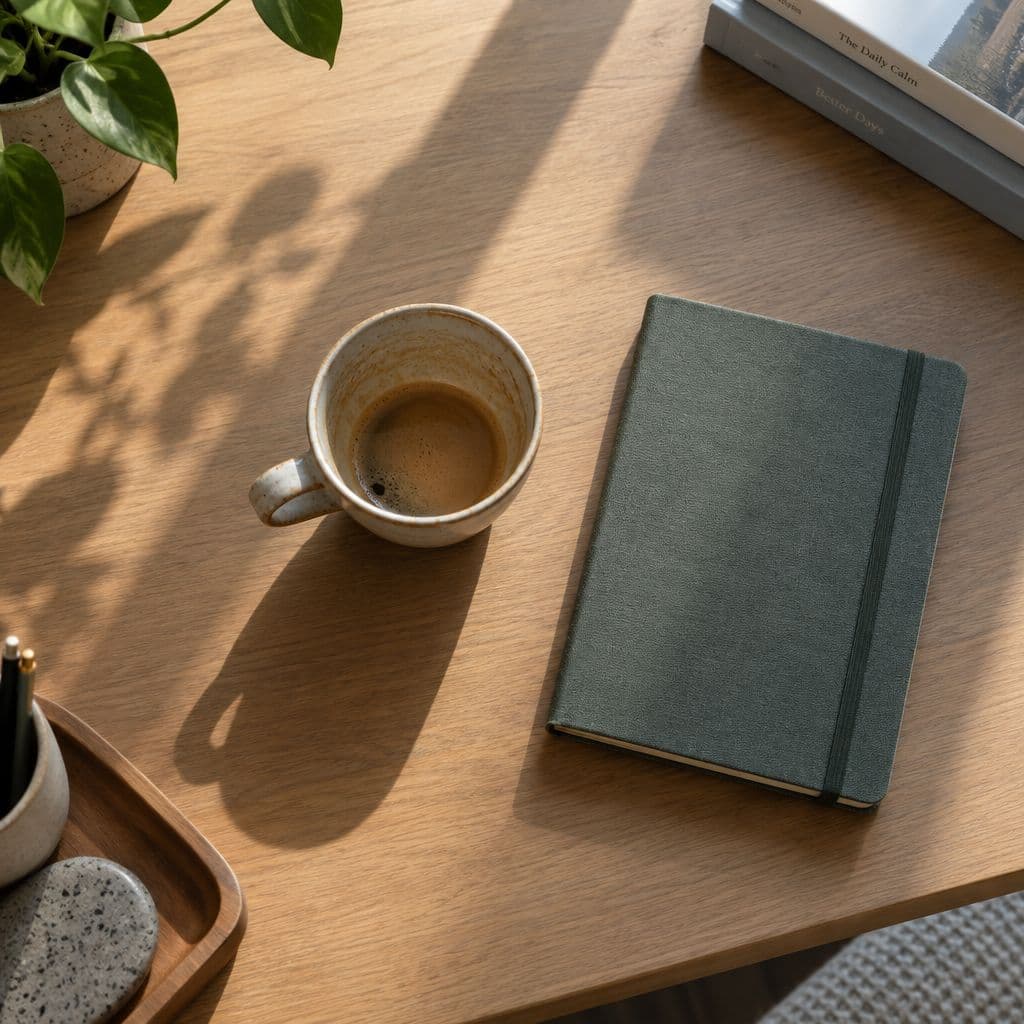 A cup of coffee and a closed notebook sit in sunlight on a table.