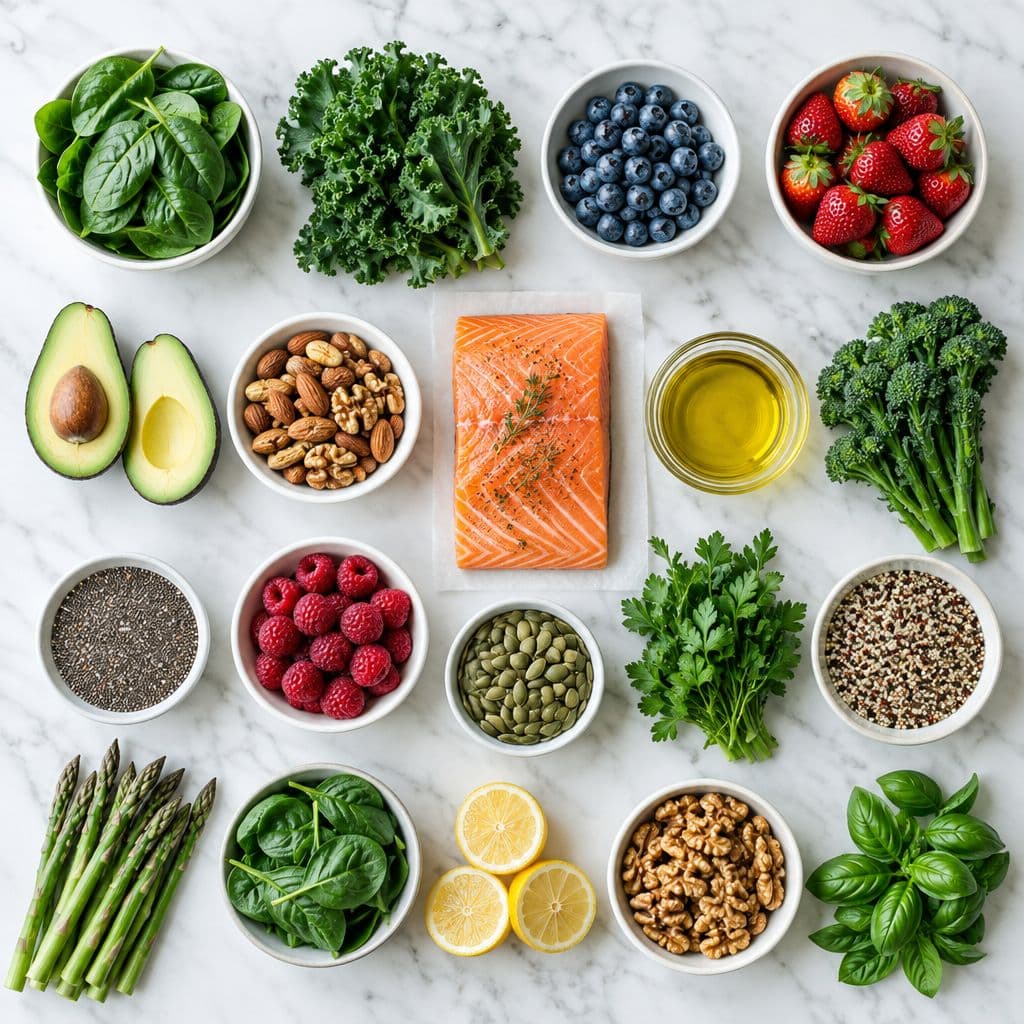 Bowls of vegetables, fruit, nuts and seeds arranged around fish and olive oil.