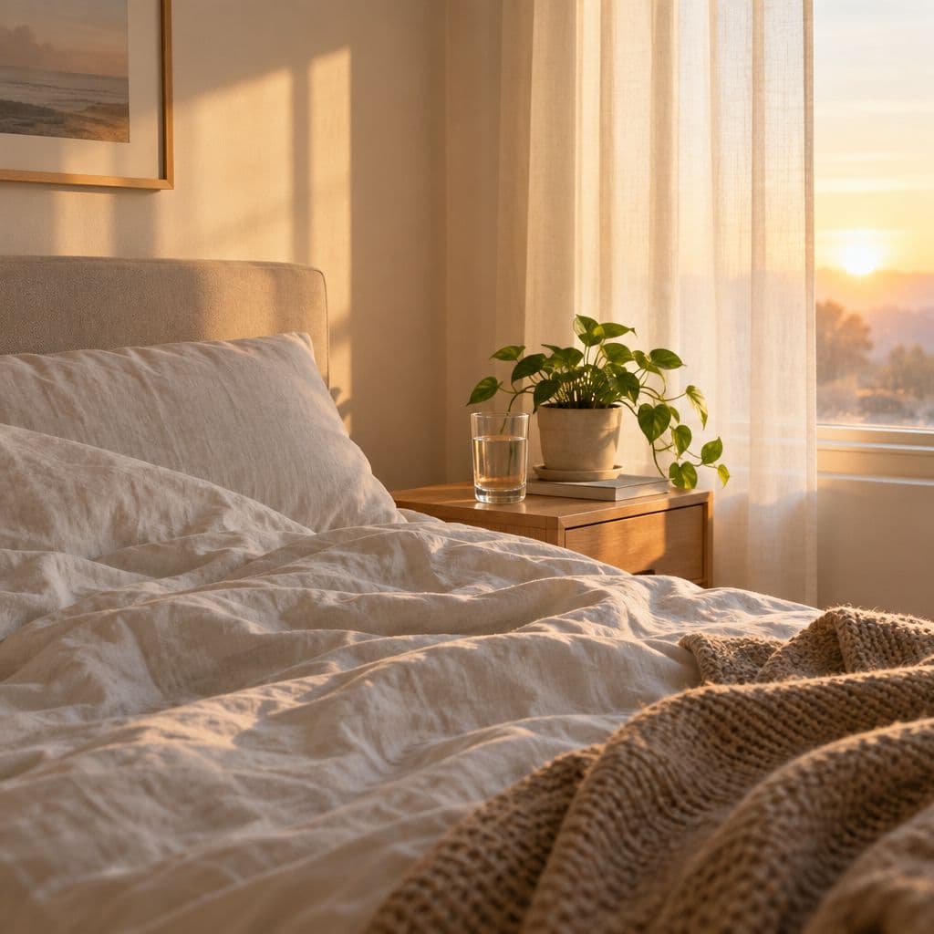 An unmade bed in a bedroom lit by morning sunlight.