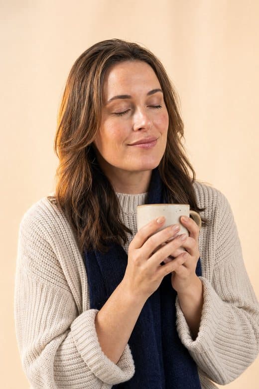 A woman in a cream knit holding a warm mug, eyes closed, at ease