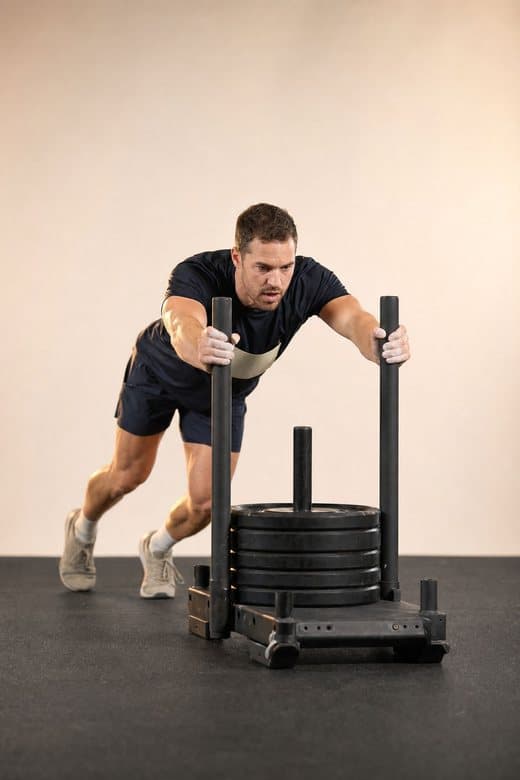 A man in a black shirt pushing a weighted sled across a studio floor.