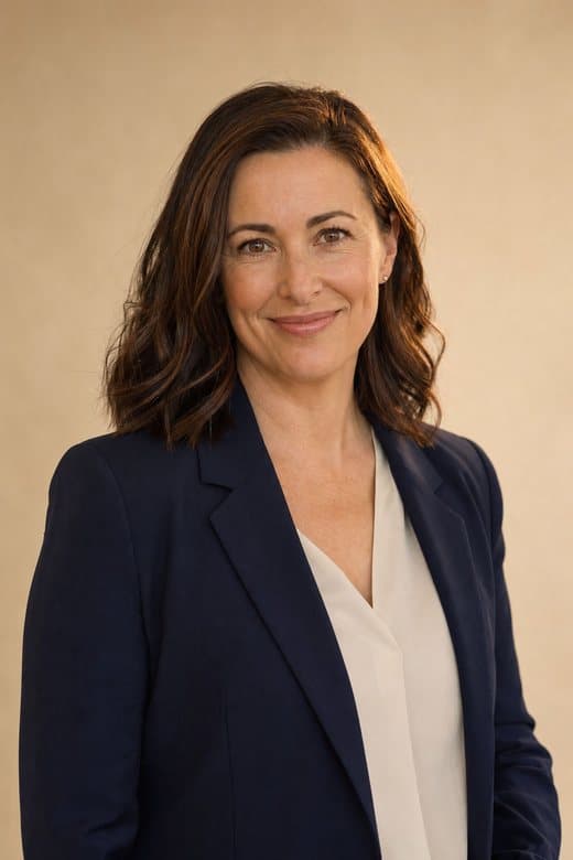 A woman in a navy blazer, warm and self-assured