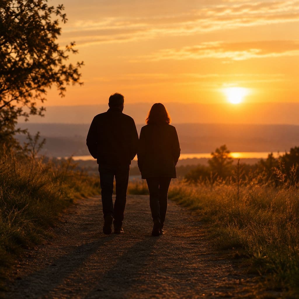 Two people stand together watching a sunset.