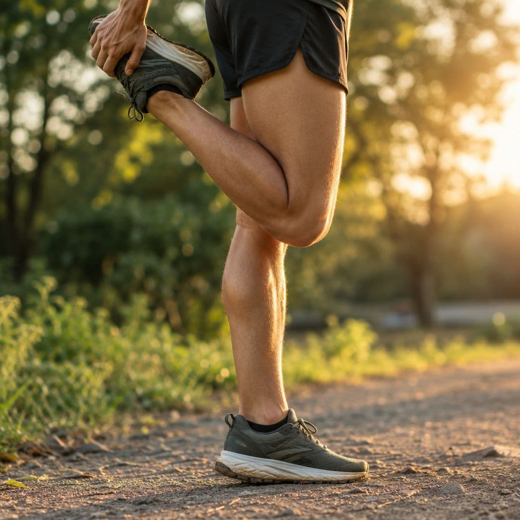 A person stretches their leg beside a sunlit outdoor path.
